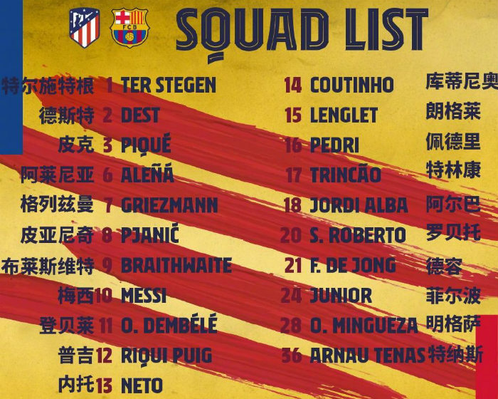 <a href=/football/barcelona/ target=_blank class=infotextkey>巴萨</a>vs马竞大名单出炉